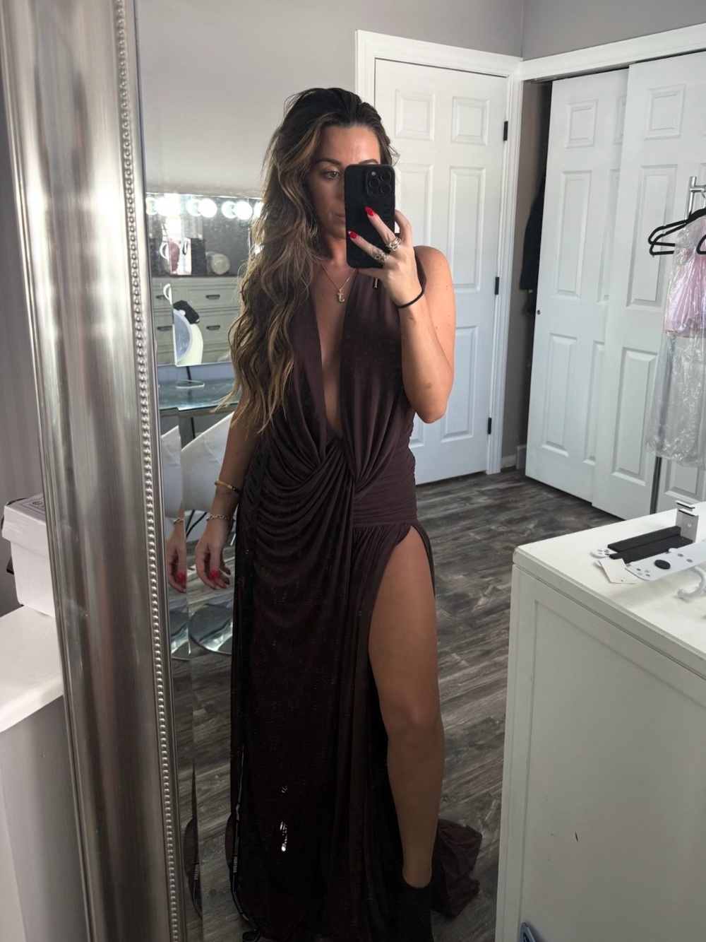 Deep V Brown Grecian High-Slit Maxi Dress - Picture 2 of 5